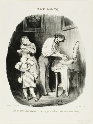 “- Isn't he cute like that, Dodore... with a little bit of cleaning up, he is just not the same child any more!...,” plate 37 from Les Bons Bourgeois by Honoré-Victorin Daumier, print, 1847