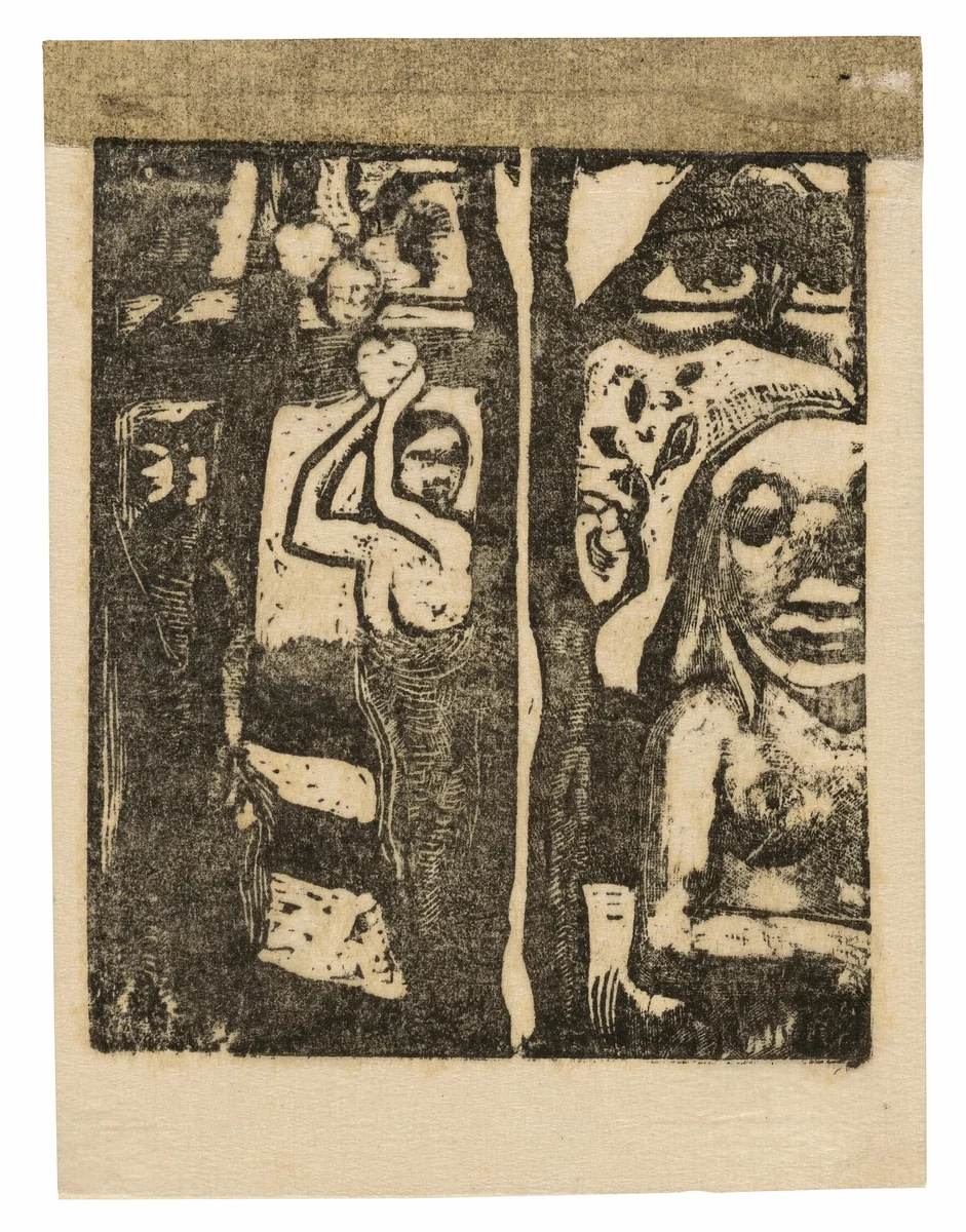 Woman Picking Fruit and Oviri by Paul Gauguin, print, 1895-1896