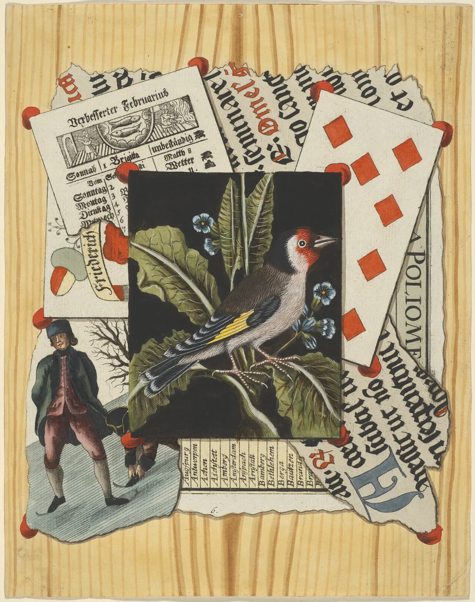 Quodlibet with Goldfinch by Christian Gottlob Winterschmidt, print, 1775-1809