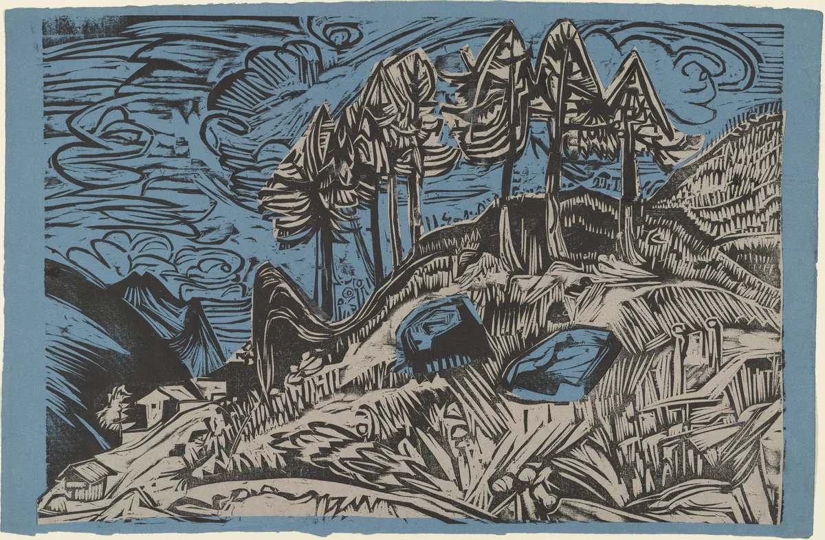 Trees on a Mountain Slope (Bäume am Berghang) by Ernst Ludwig Kirchner, print, 1920