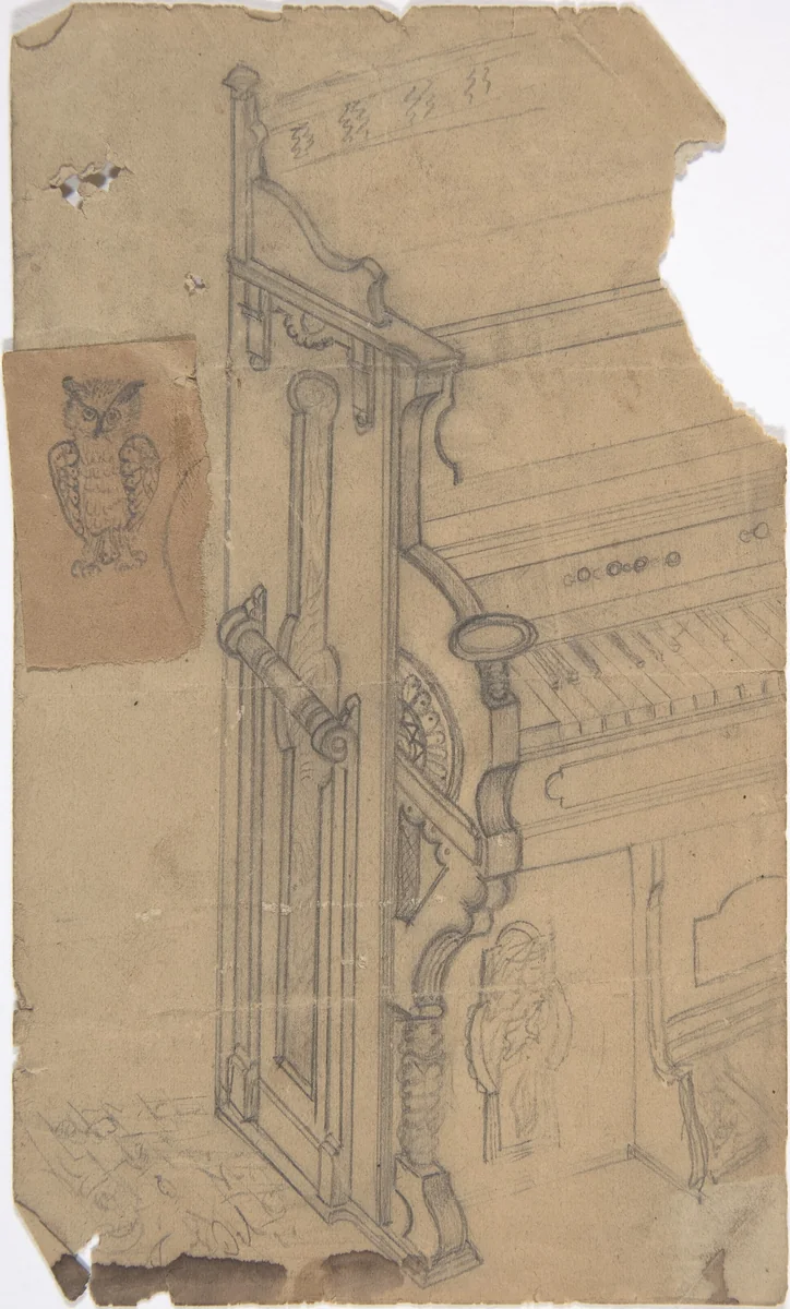 Design for a Piano with an Owl by anonymous, drawing, 1800-1899