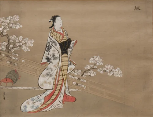 Parody of Murasaki, from "Lavender" (Wakamurasaki), chapter 5 of the Tale of Genji by Kawamata Tsuneyuki, painting, 1700-1741