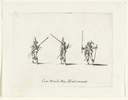 Exercities met een musket: laden van een musket by Jacques Callot, print, 1635