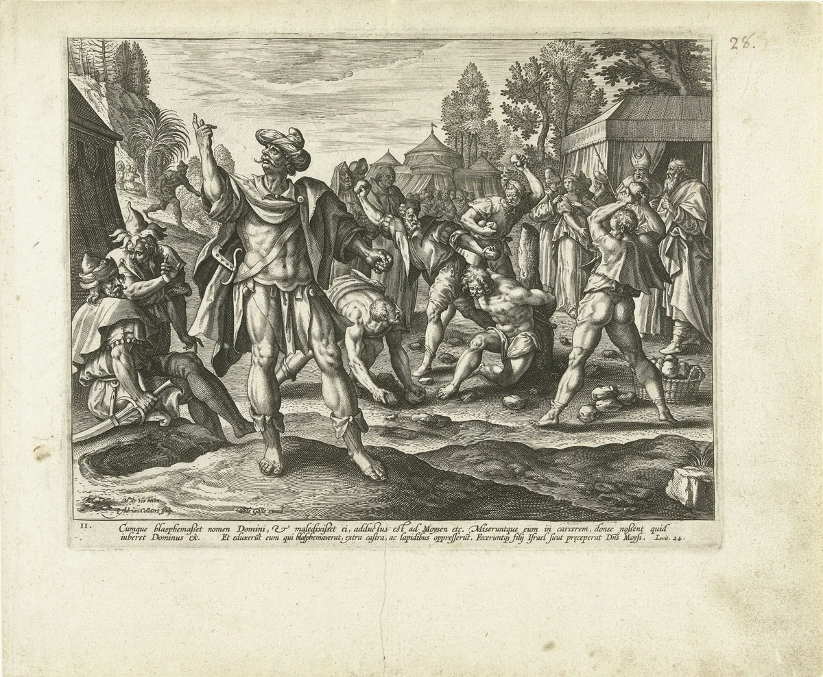 Steniging van de godslasteraar: het tweede Gebod by Unknown, print, 1585-1589