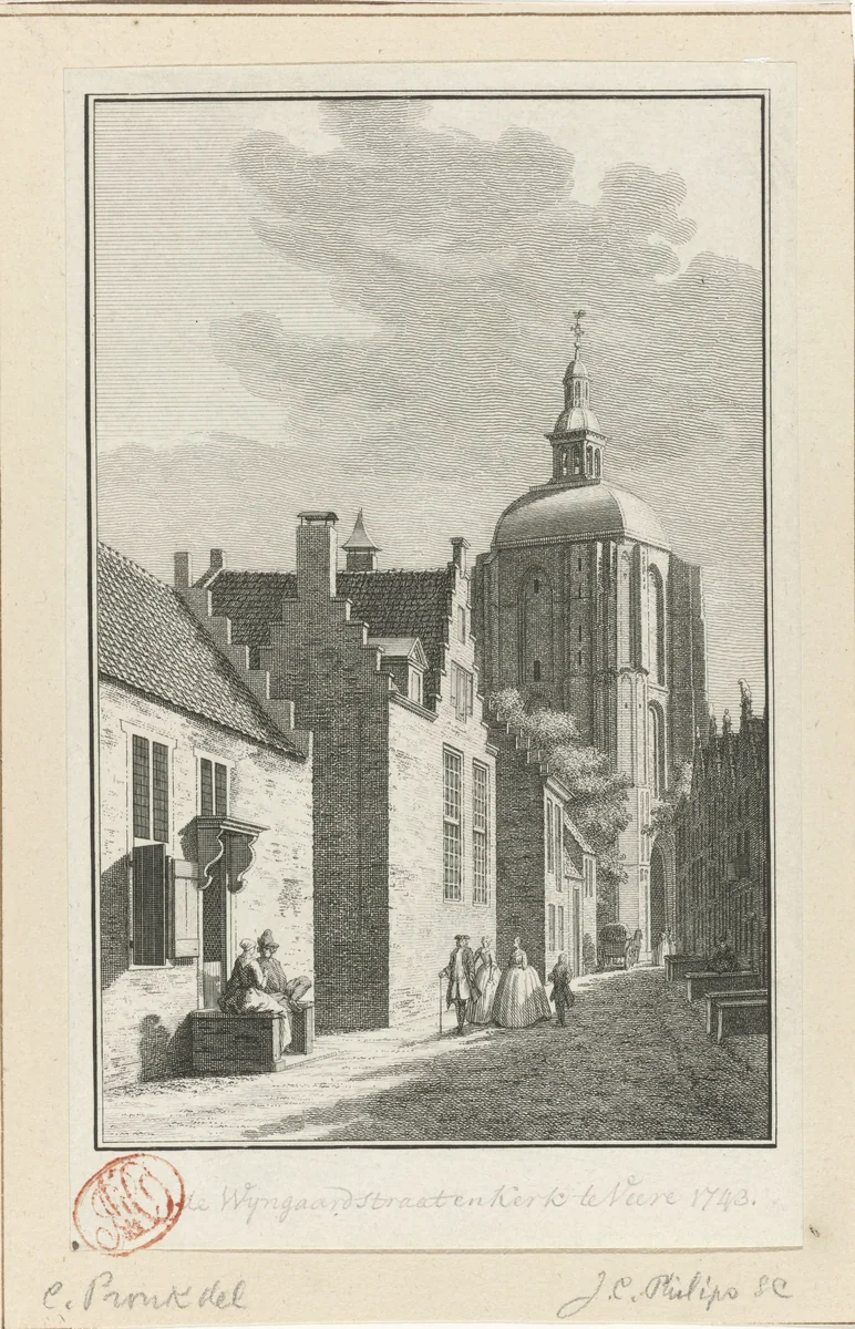 Gezicht op de toren van de Grote Kerk te Veere, 1743 by Jan Caspar Philips, print, 1743-1747