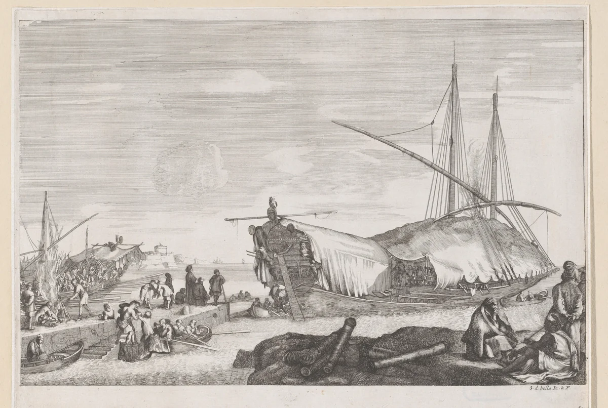 Galeischip met afgedekte brug in de haven van Livorno by anonymous, print, 1655