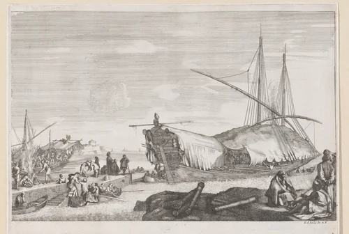 Galeischip met afgedekte brug in de haven van Livorno by anonymous, print, 1655