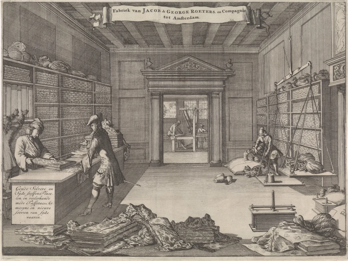 Adreskaart van Jacob & George Roeters en Compagnie te Amsterdam by Caspar Luyken, print, 1697