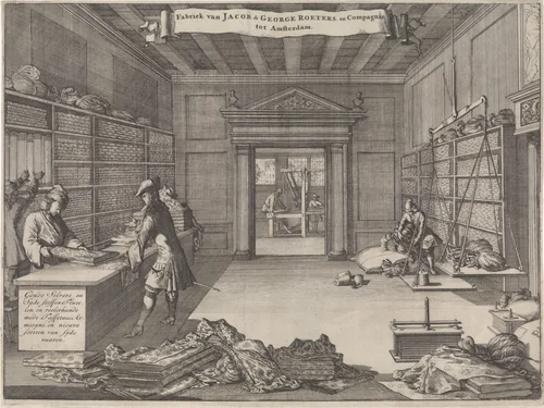 Adreskaart van Jacob & George Roeters en Compagnie te Amsterdam by Caspar Luyken, print, 1697