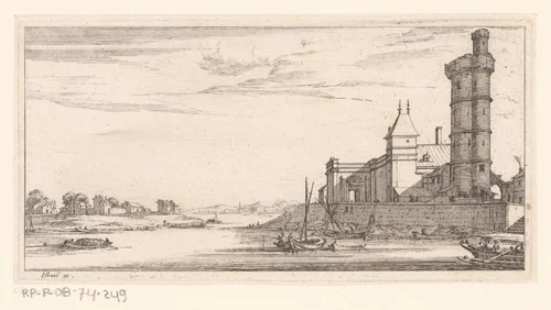 Zicht op de Seine met rechts op de oever een stadspoort by Israël Silvestre, print, 1631-1661