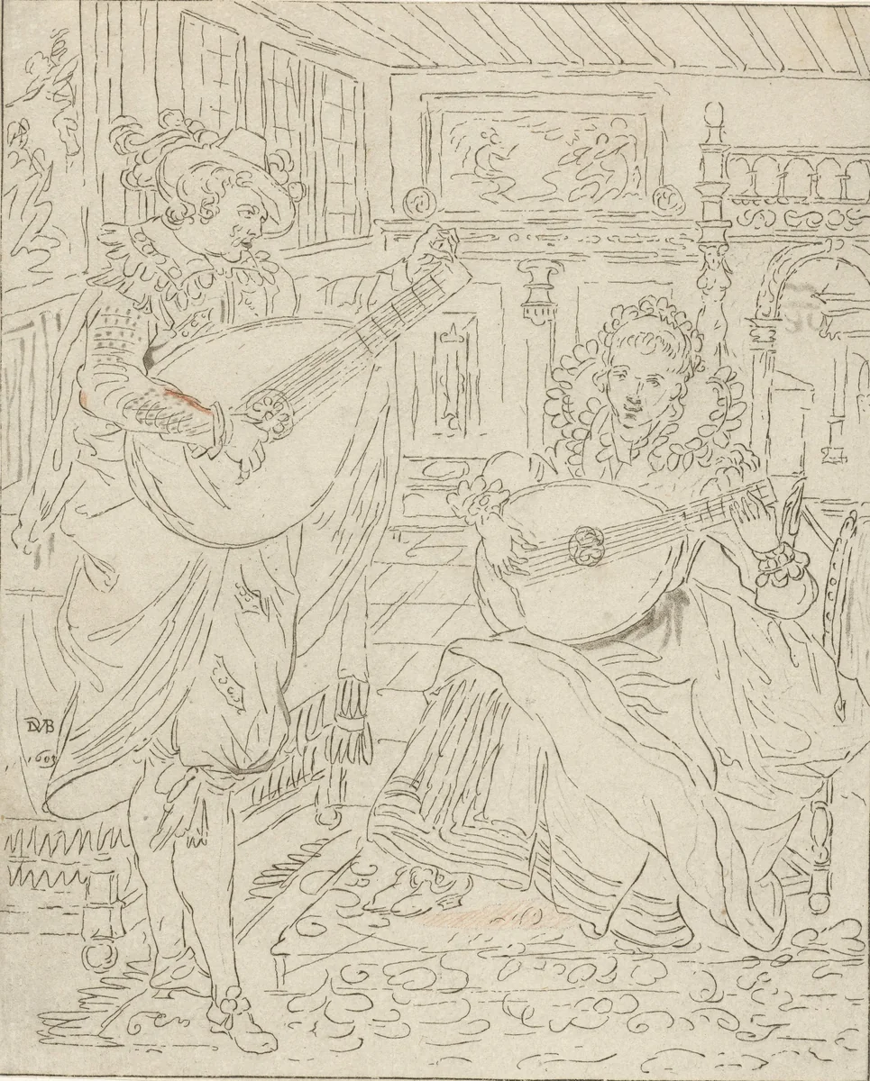 Luitspelende heer en dame by Cornelis Ploos van Amstel, print, 1772-1774