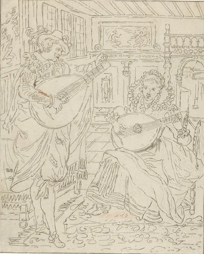 Luitspelende heer en dame by Cornelis Ploos van Amstel, print, 1772-1774