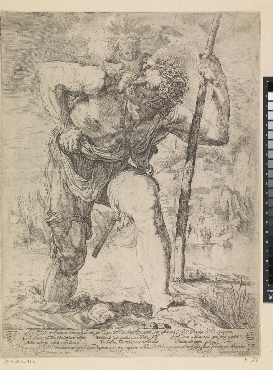 De heilige Christoffel met Christuskind op schouder by Unknown, print, 1588-1616