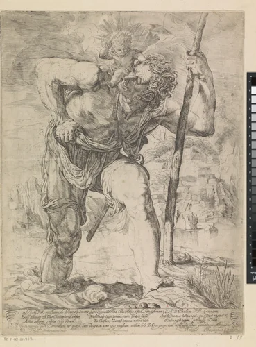 De heilige Christoffel met Christuskind op schouder by Unknown, print, 1588-1616