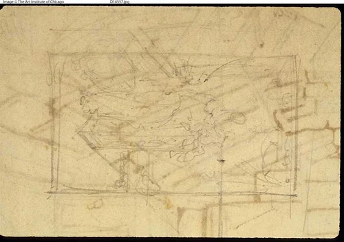 Study for Exhibition Room, Somerset House, from Microcosm of London (recto); Sketch of a Painting: Madonna and Child (verso) by Augustus Charles Pugin, drawing, 1807-1808