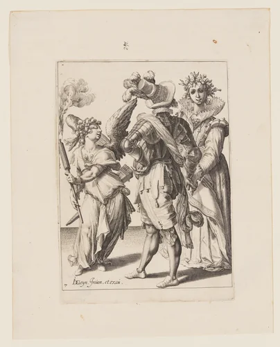 A Blindfold Cupid Holding a Torch before a Couple, from The Masquerades by Jacques de Gheyn II, print, 1595-1596
