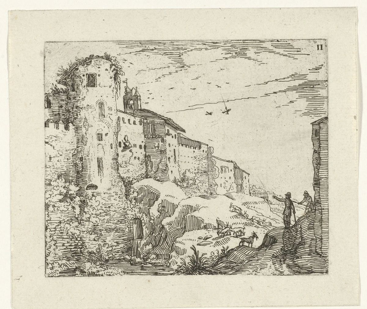 Landschap met Romeinse ruïne by Guilliam van Nieulandt, print, 1594-1618