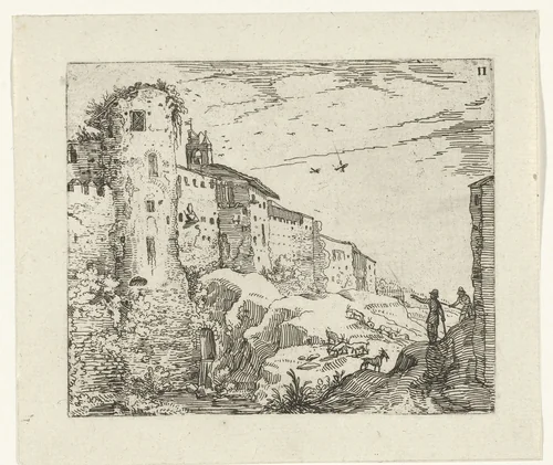Landschap met Romeinse ruïne by Guilliam van Nieulandt, print, 1594-1618