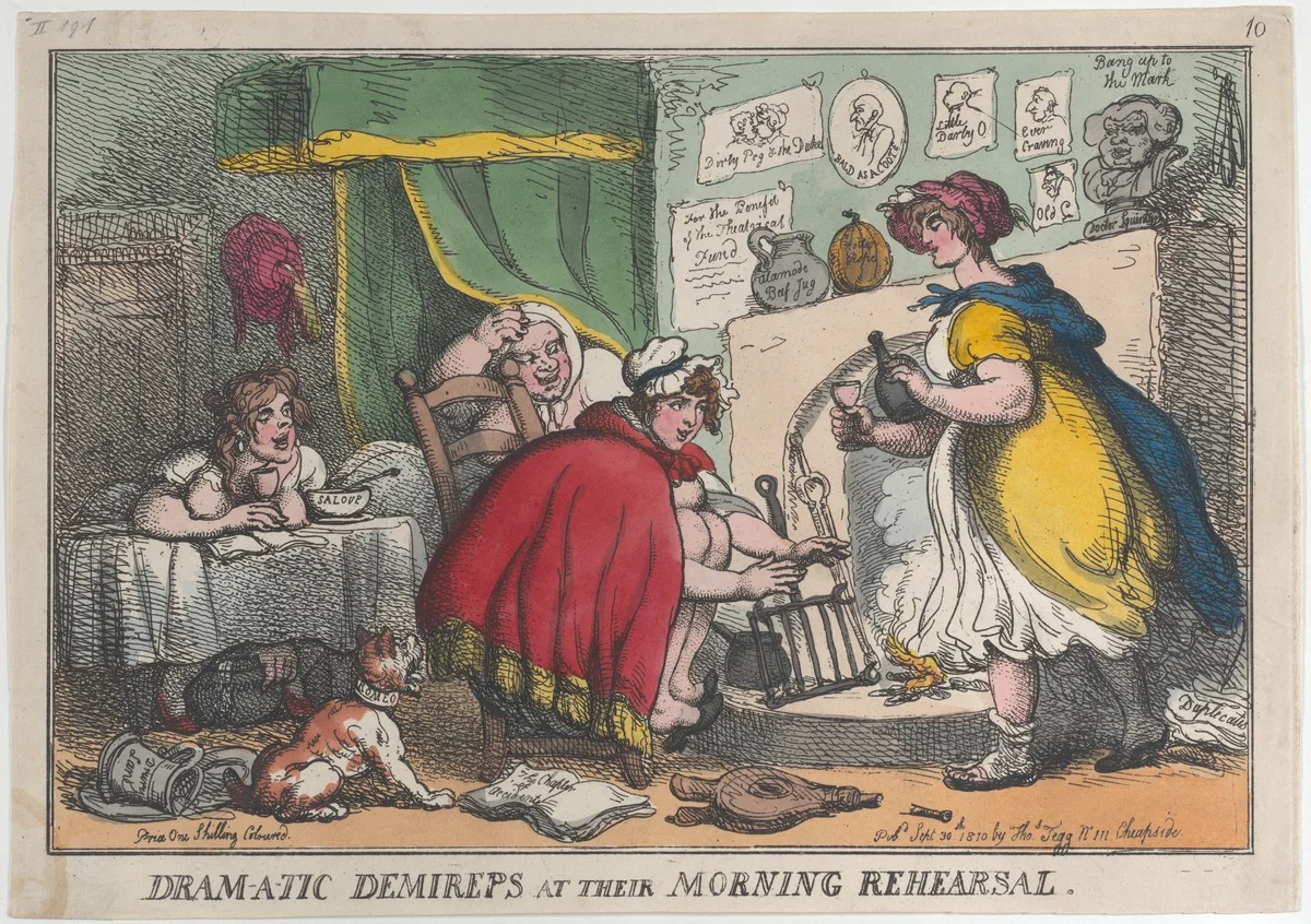 Dram-a-tic Demireps at their Morning Rehearsal by Thomas Rowlandson, print, 1810