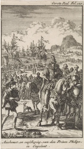 Kroonprins Filips landt in Engeland, 1554 by Jan Luyken, print, 1699