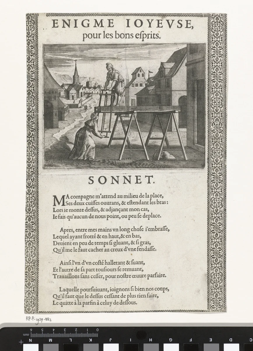 Paar zaagt een balk by anonymous, print, 1610-1680