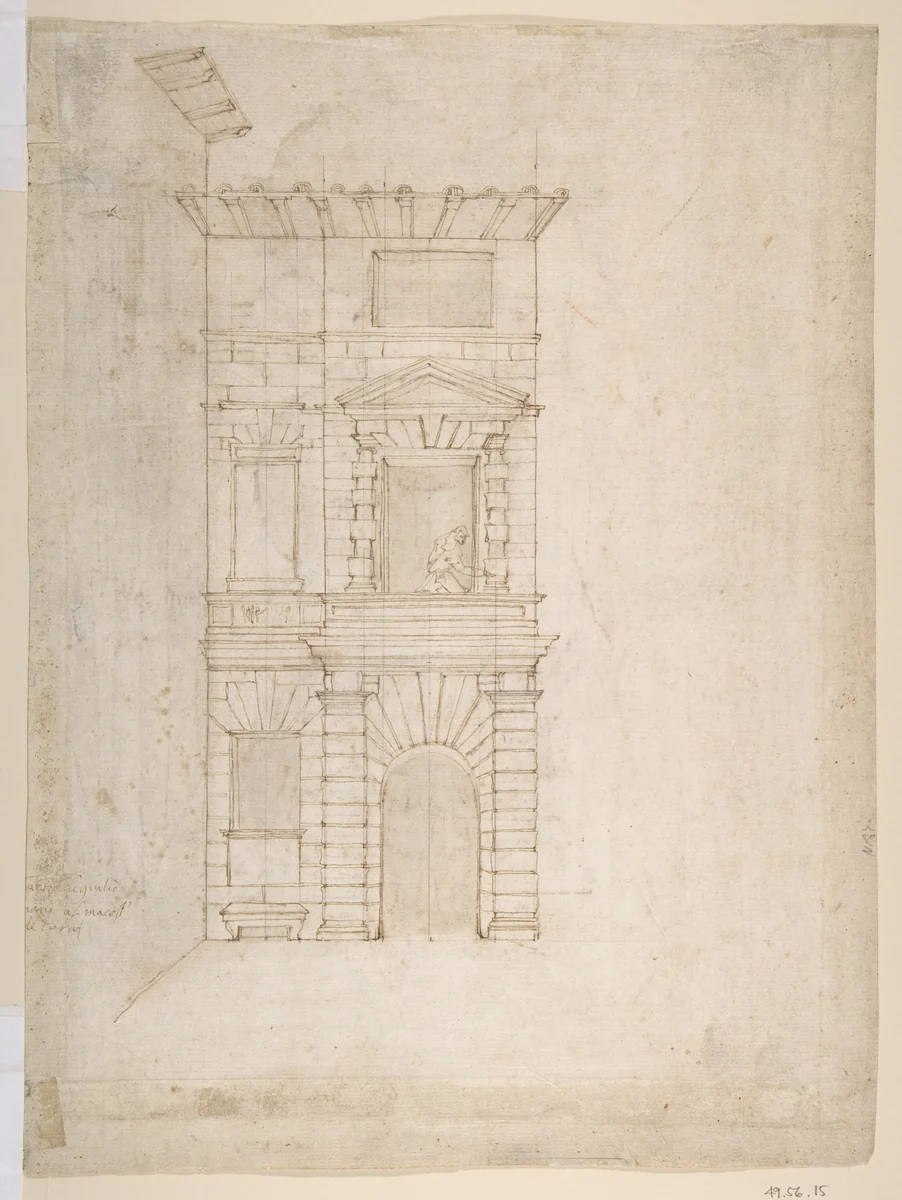 Elevation of Giulio Romano's House (recto); the Ruins from the Caelius Aqueduct and Temple of Claudius in Rome (verso) by Giovanni Battista Naldini, drawing, 1552-1562