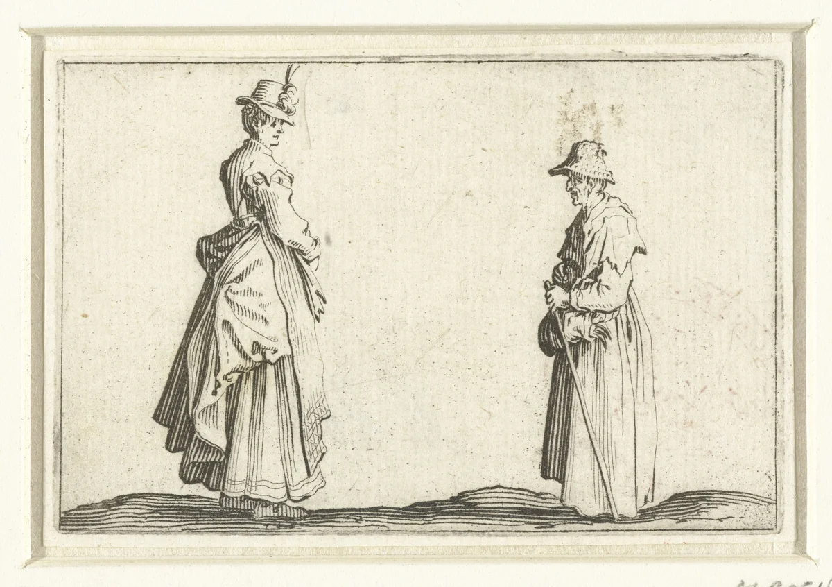 Dame en oude vrouw by Jacques Callot, print, 1621