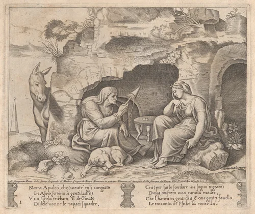 Plate 1: Apuleius changed into a donkey, listening to the story told by the old woman, from "The Story of Cupid and Psyche as told by Apuleius" by Master of the Die, print, 1530-1560