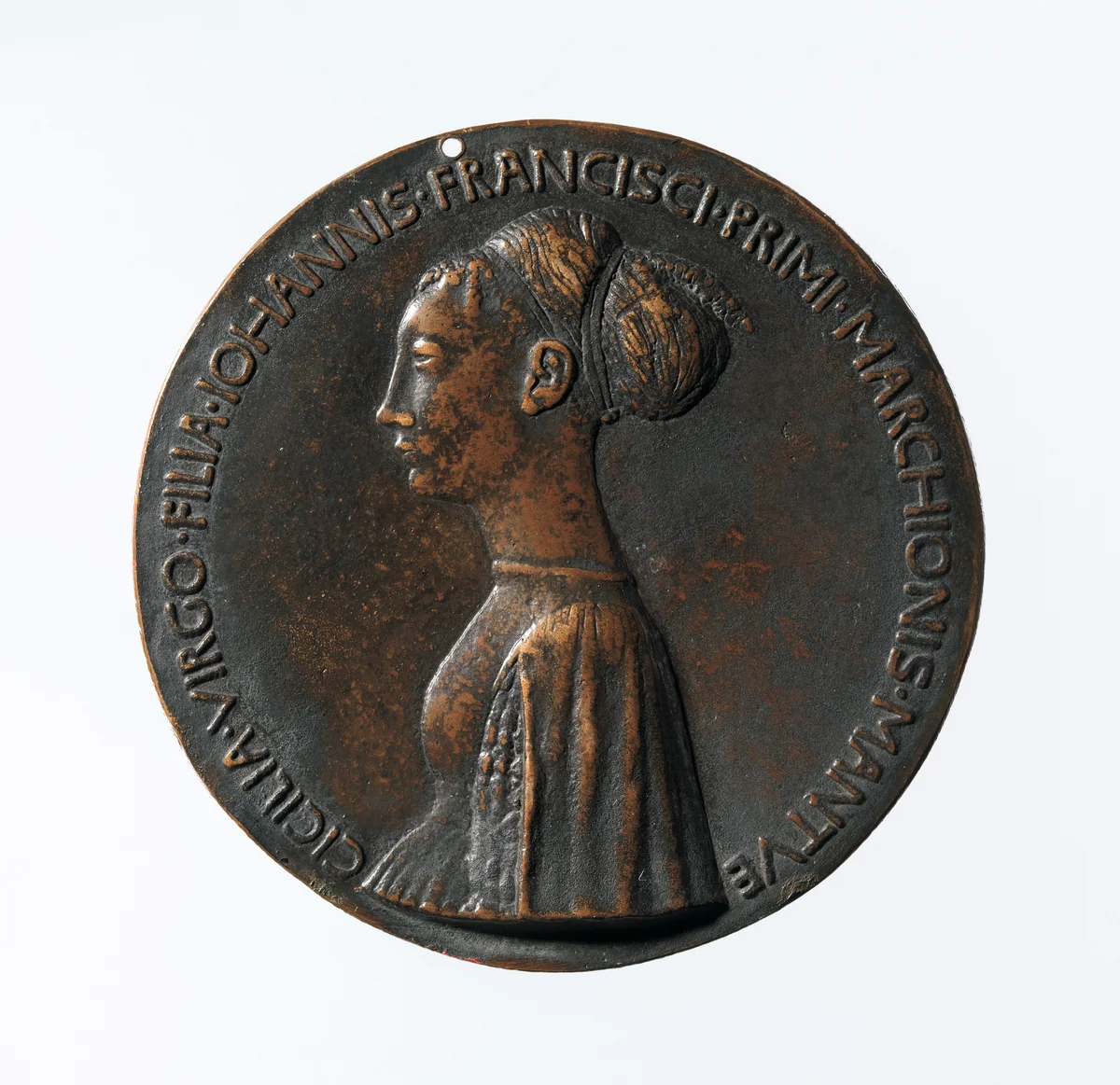 Portrait medal of Cecilia Gonzaga (obverse); Innocence and a Unicorn in a Moonlit Landscape (reverse) by Pisanello, metalwork, 1447