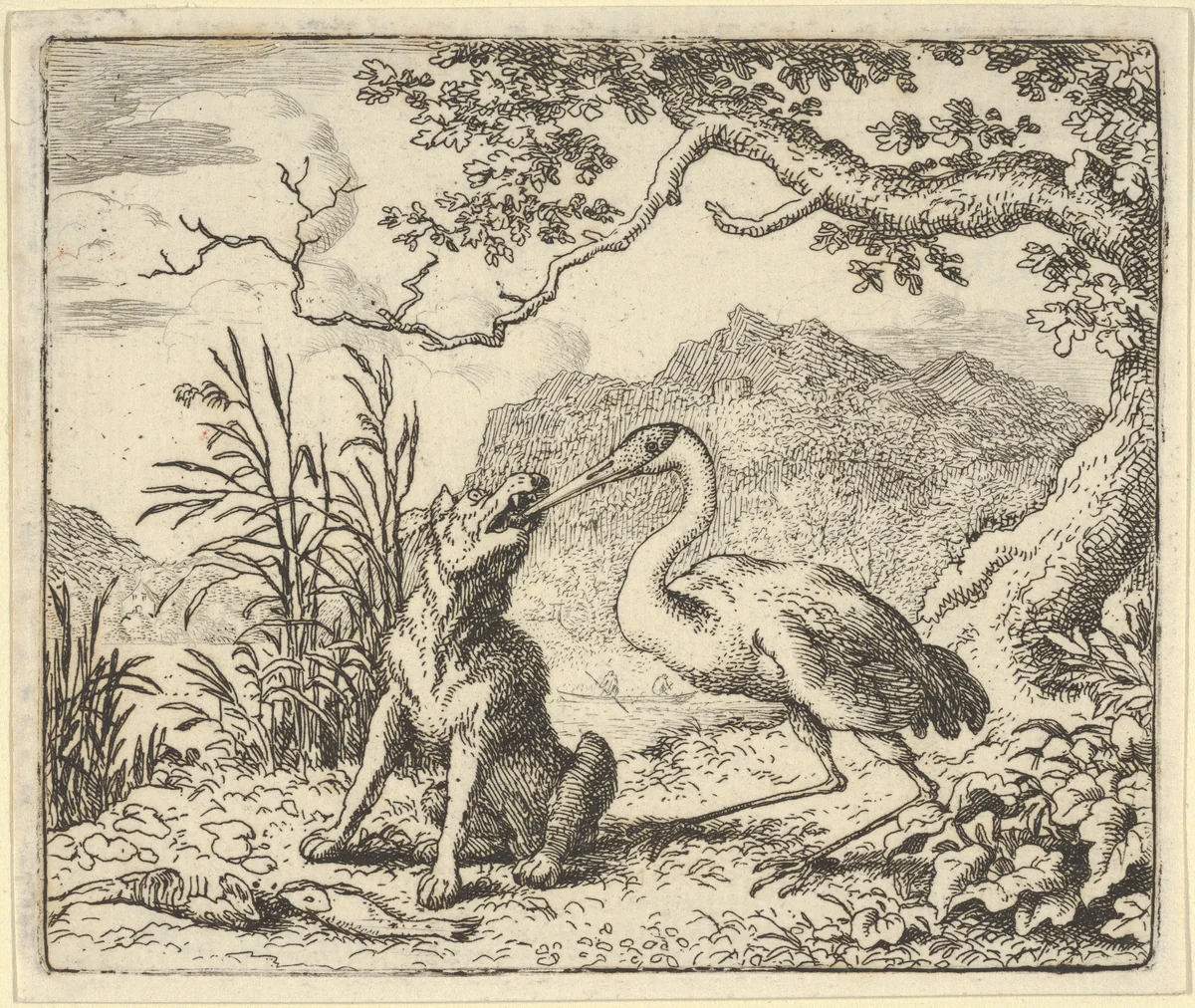 The Stork Removes a Bone from the Wolf's Throat from Hendrick van Alcmar's Renard The Fox by Allart van Everdingen, print, 1650-1675