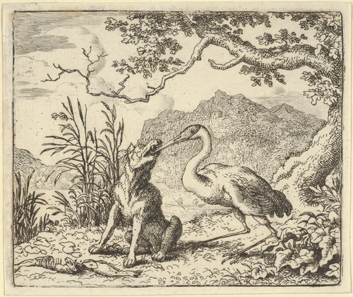 The Stork Removes a Bone from the Wolf's Throat from Hendrick van Alcmar's Renard The Fox by Allart van Everdingen, print, 1650-1675