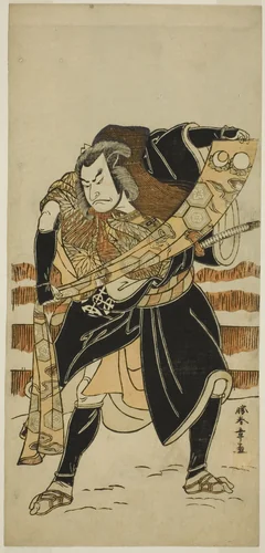 The Actor Nakamura Nakazo I as Abe no Sadato (?) in the Play Date Nishiki Tsui no Yumitori (?), Performed at the Morita Theater (?) in the Eleventh Month, 1778 (?) by Katsukawa Shunsho (勝川 春章), print, 1773-1783