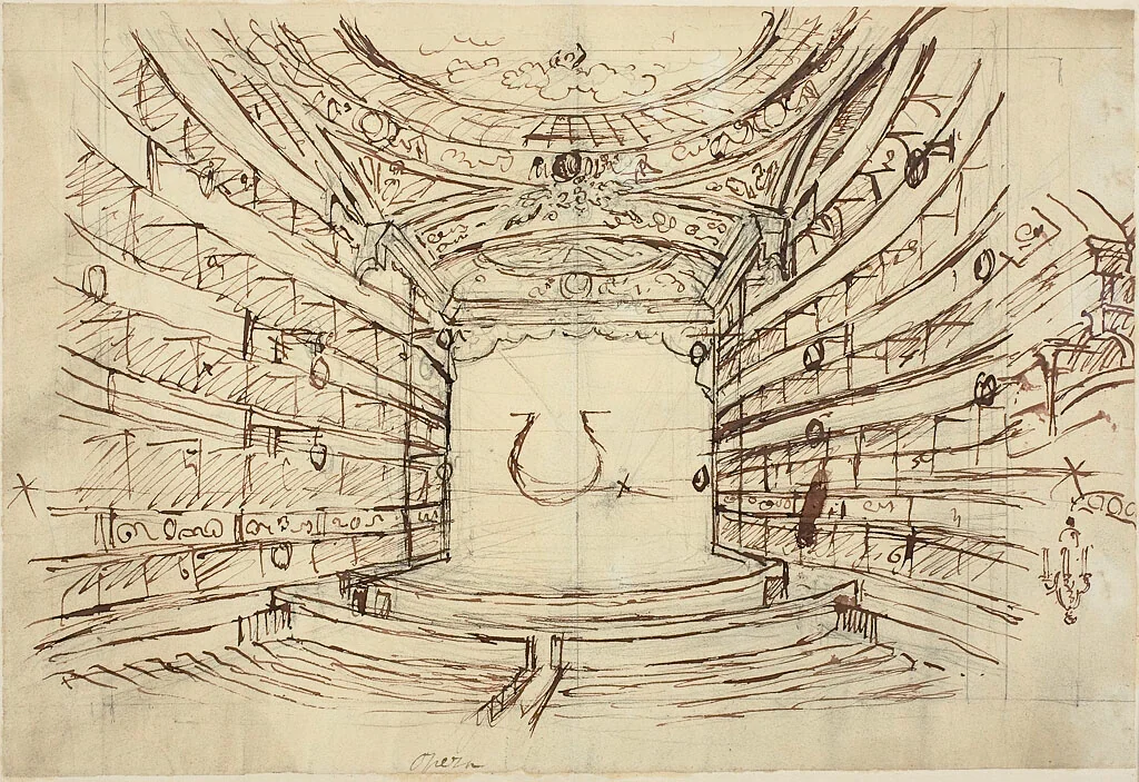 Study for Opera House, from Microcosm of London by Augustus Charles Pugin, drawing, 1807-1808