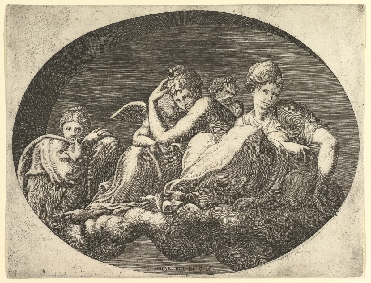 Venus and Cupid, Two Other Goddesses, and a Putto, from a series of eight compositions after Francesco Primaticcio's designs for the ceiling of the Ulysses Gallery (destroyed 1738-39) at Fontainebleau by Giorgio Ghisi, print, 1560-1569