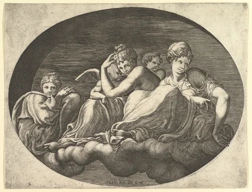 Venus and Cupid, Two Other Goddesses, and a Putto, from a series of eight compositions after Francesco Primaticcio's designs for the ceiling of the Ulysses Gallery (destroyed 1738-39) at Fontainebleau by Giorgio Ghisi, print, 1560-1569