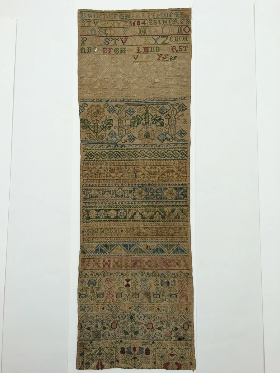 Embroidered band sampler by Esther French, textile, 1684