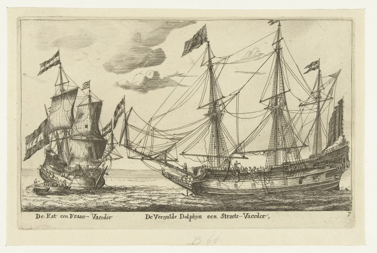 De schepen De Vergulde Dolfijn en De Kat by anonymous, print, 1652-1714