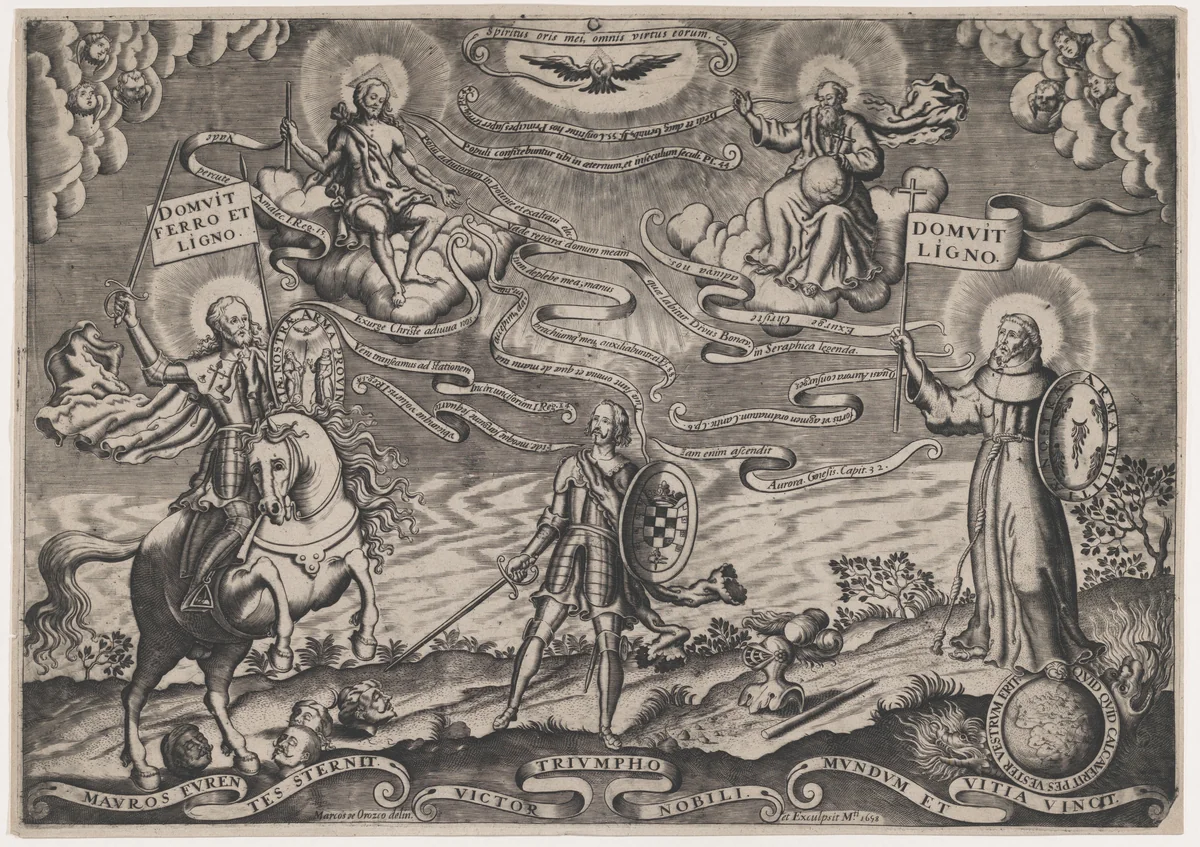 The triumph of faith, a soldier standing in centre holding shield adorned with arms of Alva; Holy Trinity above, St James Major on horseback at left by Marcos de Orozco, print, 1698