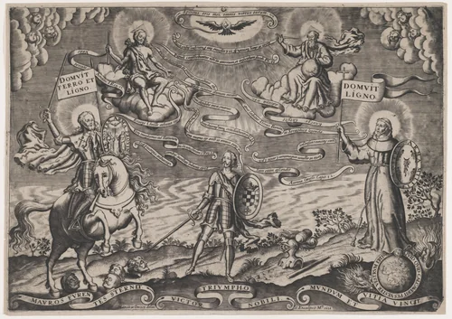 The triumph of faith, a soldier standing in centre holding shield adorned with arms of Alva; Holy Trinity above, St James Major on horseback at left by Marcos de Orozco, print, 1698