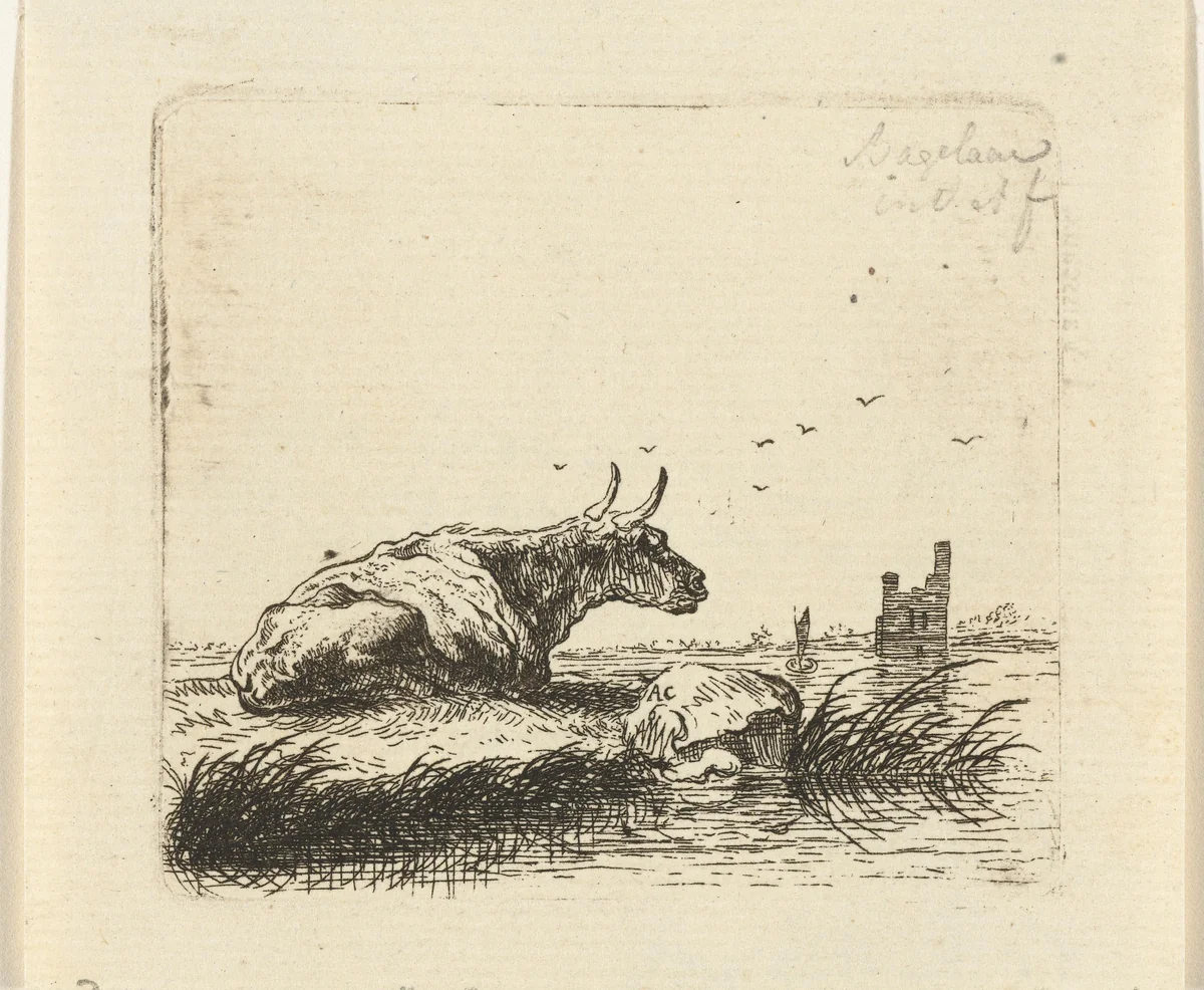 Rustende koe aan den kant van het water by Ernst Willem Jan Bagelaar, print, 1798-1837
