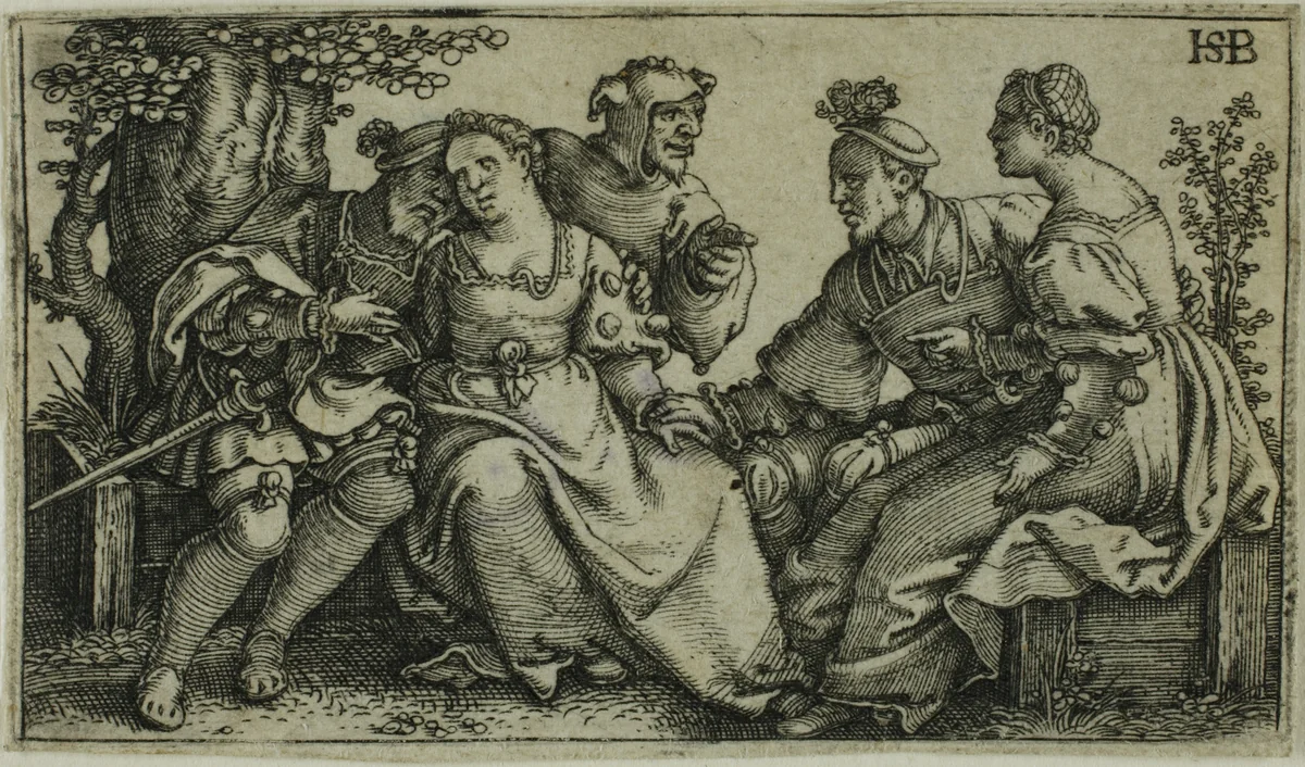 Two Couples and the Buffoon by Sebald Beham, print, 1535