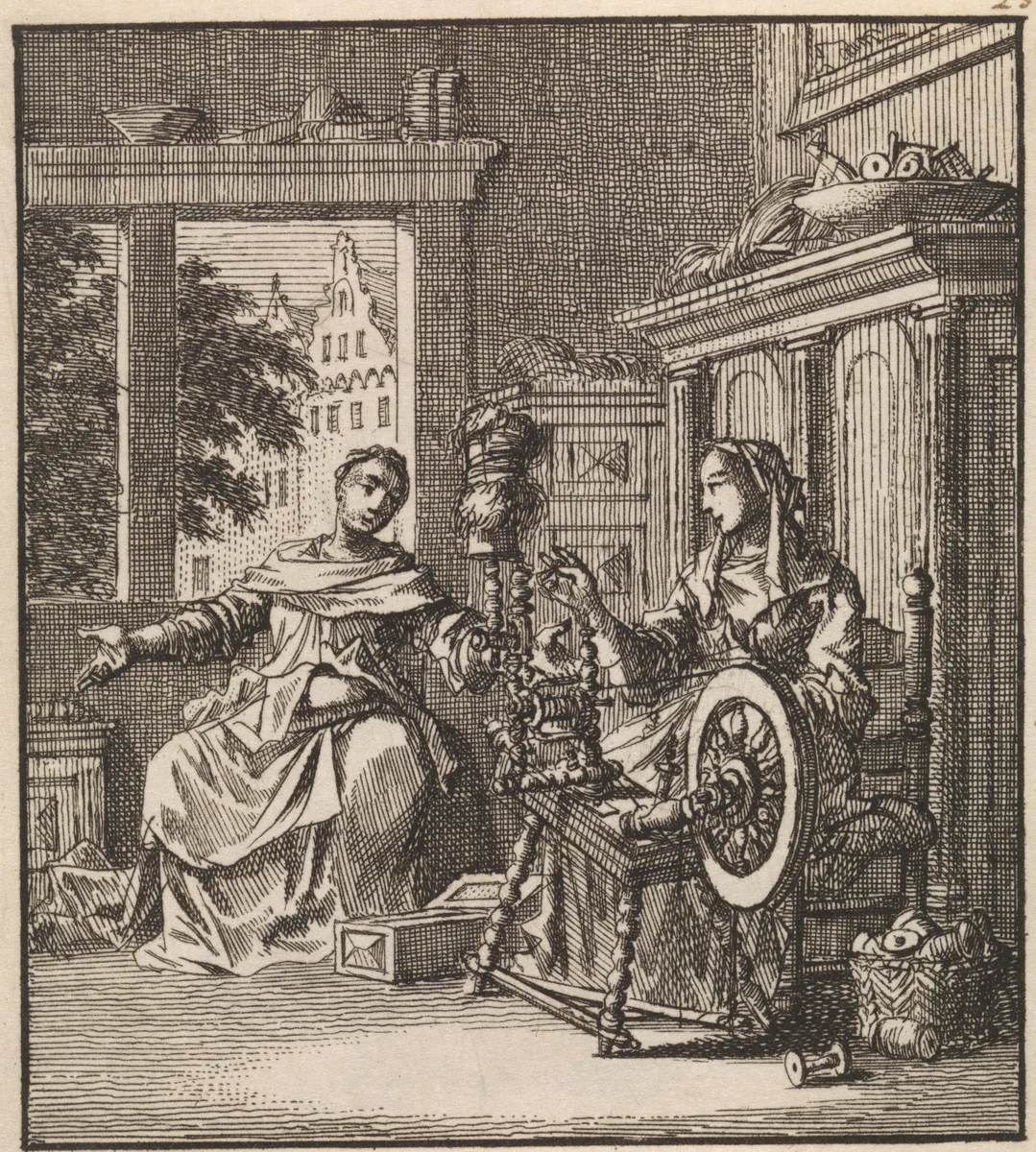 Vrouw spint een draad en voert een gesprek met een andere vrouw by Jan Luyken, print, 1711