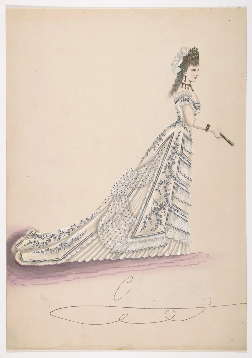 Fashion Study: Woman in a White Floral Dress by anonymous, drawing, 1875-1900