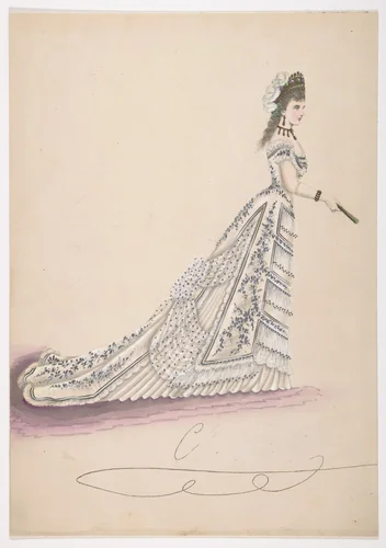 Fashion Study: Woman in a White Floral Dress by anonymous, drawing, 1875-1900