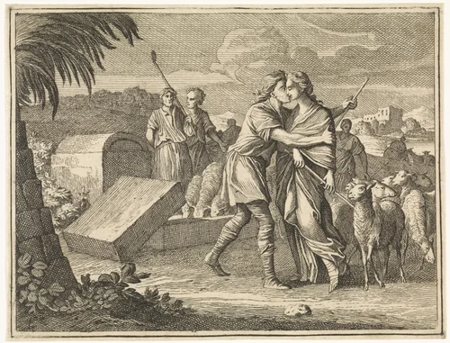 Jakob kust Rachel bij de bron by Caspar Luyken, print, 1712