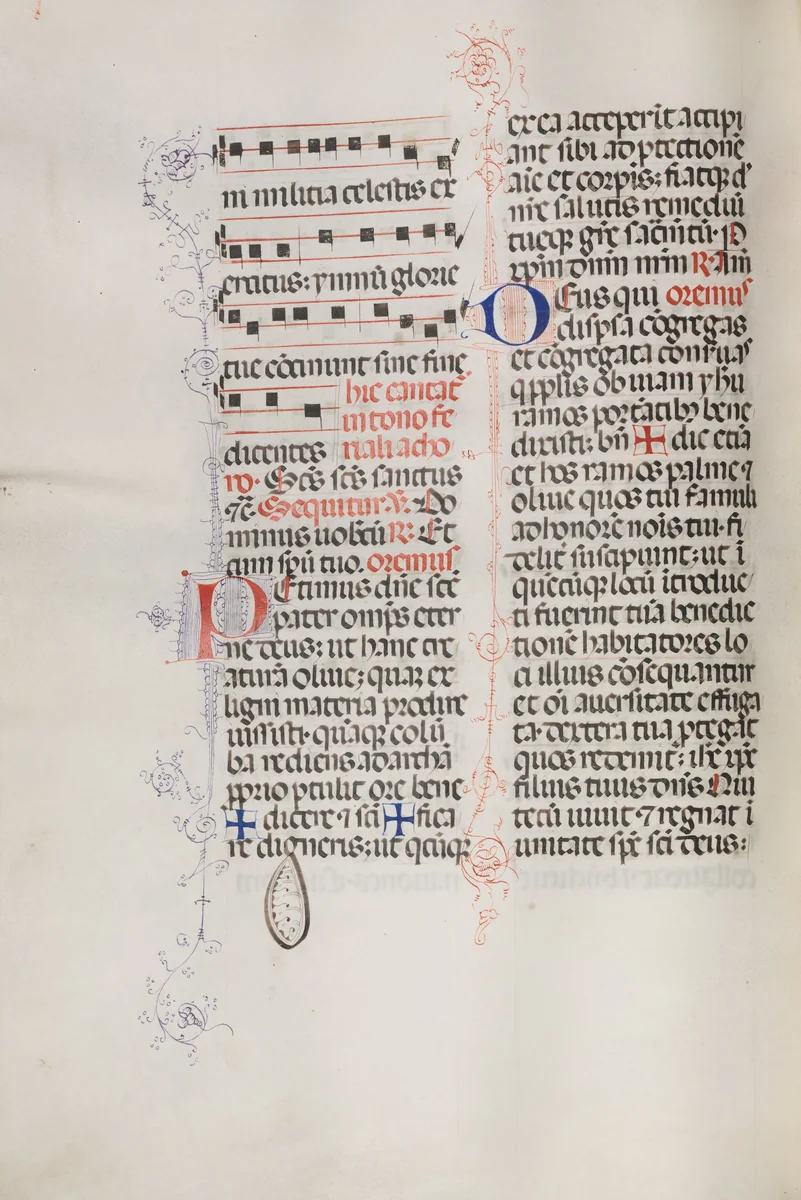 Missale: Fol. 112v: contains some music as part of Palm Sunday liturgy by Bartolommeo Caporali, book, 1469