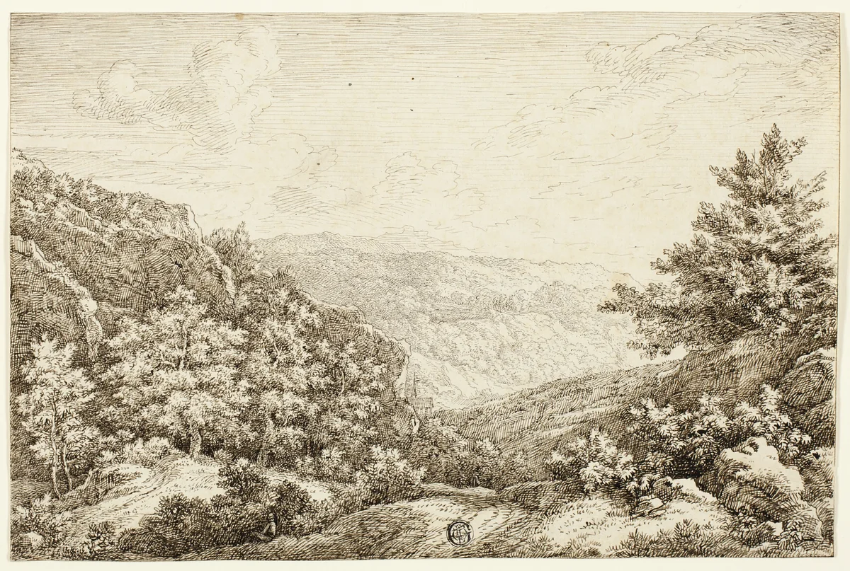 Landscape with Wooded Hills, Seated Figure by Nicolaes Emmanuel Perij, drawing, 1756