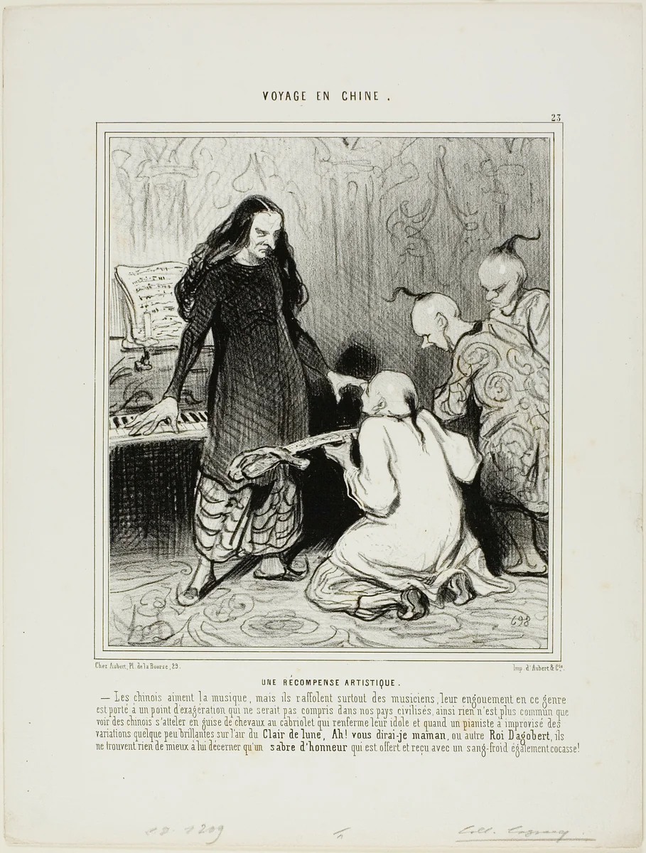 A Present for an Artist. The Chinese adore music, but they are also passionately fond of musicians. Their infatuation of this attitude is carried to extremes which are not easily understood in our civilized regions. Thus it is quite normal to see Chinese harnessed like horses to a cab and drive their idol around town. An when a pianist has improvised variations more or less brilliant of the "air of moonlight", "Ah!... you will say... Mama" or "King Dagobert", they find nothing better to bestow on him than a sword of honour which is accepted with a coolness equally laughable, plate 23 from Voyage En Chine by Honoré-Victorin Daumier, print, 1844