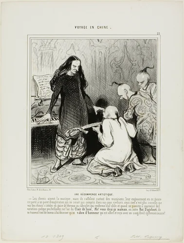 A Present for an Artist. The Chinese adore music, but they are also passionately fond of musicians. Their infatuation of this attitude is carried to extremes which are not easily understood in our civilized regions. Thus it is quite normal to see Chinese harnessed like horses to a cab and drive their idol around town. An when a pianist has improvised variations more or less brilliant of the "air of moonlight", "Ah!... you will say... Mama" or "King Dagobert", they find nothing better to bestow on him than a sword of honour which is accepted with a coolness equally laughable, plate 23 from Voyage En Chine by Honoré-Victorin Daumier, print, 1844
