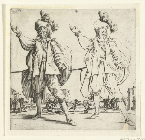 Tweemaal dezelfde soldaat met grote gepluimde hoed en opgeheven arm, van voren gezien by Jacques Callot, print, 1621-1624